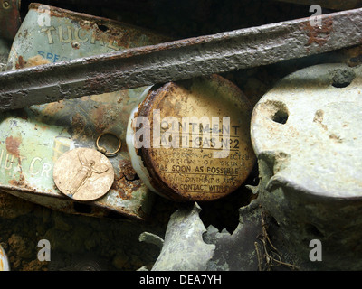 The WWI Anti-Gas Ointment No2, displayed at the Somme 1916 Museum, was used by soldiers during the First World War to protect against the effects of chemical warfare. This ointment was part of the basic kit provided to soldiers in the trenches for their protection against gas attacks. Stock Photo