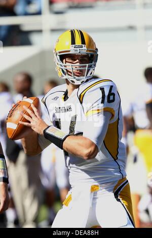 Sept. 14, 2013: Southern Miss QB Allan Bridgford #16 loosens before the game. The Arkansas Razorbacks defeated the Southern Miss Golden Eagles 24-3 in Fayetteville, AR. Richey Miller/CSM Stock Photo