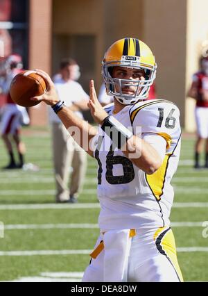 Sept. 14, 2013: Southern Miss QB Allan Bridgford #16 loosens before the game. The Arkansas Razorbacks defeated the Southern Miss Golden Eagles 24-3 in Fayetteville, AR. Richey Miller/CSM Stock Photo