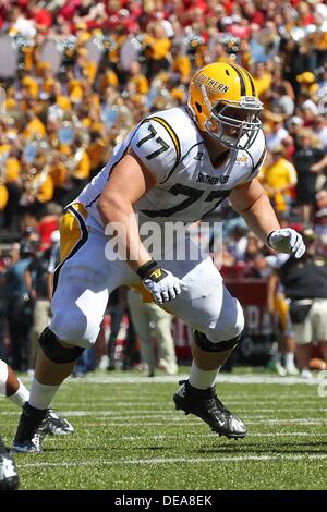 Sept. 14, 2013: Southern Miss left guard Ed Preston #77 comes off the line as the ball is snapped. The Arkansas Razorbacks defeated the Southern Miss Golden Eagles 24-3 in Fayetteville, AR. Richey Miller/CSM Stock Photo