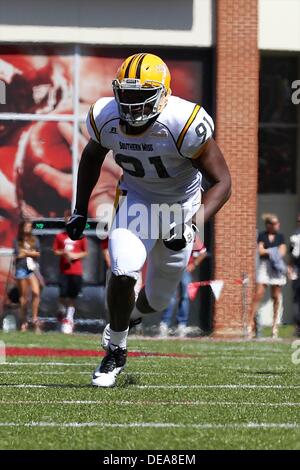 Sept. 14, 2013: Southern Miss defensive end Michael Smith #91 comes off the edge. The Arkansas Razorbacks defeated the Southern Miss Golden Eagles 24-3 in Fayetteville, AR. Richey Miller/CSM Stock Photo