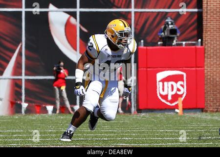 Sept. 14, 2013: Southern Miss line backer Ta'Dren Kennedy #42 comes up the field. The Arkansas Razorbacks defeated the Southern Miss Golden Eagles 24-3 in Fayetteville, AR. Richey Miller/CSM Stock Photo