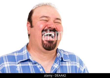 Big man having a hearty laugh of enjoyment and merriment with his head thrown back and eyes closed, isolated on white Stock Photo