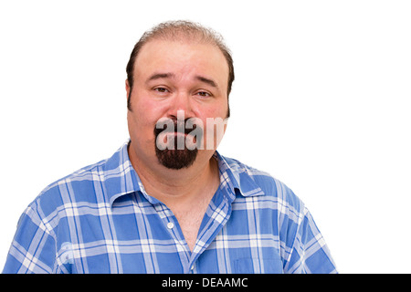 Speechless Caucasian middle-aged man wearing a casual checkered shirt, portrait on white background Stock Photo
