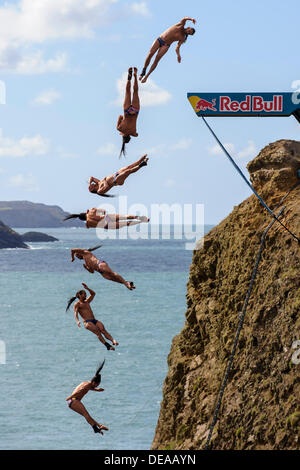 St Davids, Wales, UK. 14th Sep, 2013. (Editors note: Composite image sequence compiled in Photoshop) Orlando Duque of Colombia (COL) dives during the Finals on day 2 of the Red Bull Cliff Diving World Series from the Blue Lagoon, Pembrokeshire, Wales. This is the sixth stop of the 2013 World Series and only the second time the event has visited the UK. The competitors perform dives into the sea from a specially constructed 27 metre high platform, entering the water at around 85km/h. © Action Plus Sports Images/Alamy Live News Stock Photo