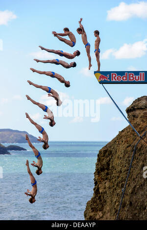 St Davids, Wales, UK. 14th Sep, 2013. (Editors note: Composite image sequence compiled in Photoshop) Eventual winner, Gary Hunt of Great Britain (GBR) dives during the Finals on day 2 of the Red Bull Cliff Diving World Series from the Blue Lagoon, Pembrokeshire, Wales. This is the sixth stop of the 2013 World Series and only the second time the event has visited the UK. The competitors perform dives into the sea from a specially constructed 27 metre high platform, entering the water at around 85km/h. © Action Plus Sports Images/Alamy Live News Stock Photo