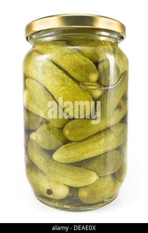 Pickled cucumbers in jar isolated on white Stock Photo