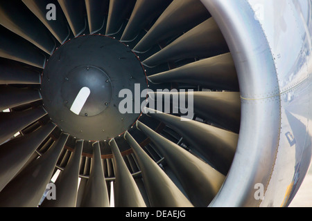 Detail of the intake end of the left side engine of a Boeing 777 parked on the ramp at Dulles International Airport, Virginia. Stock Photo