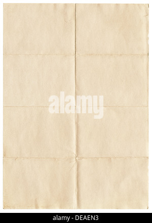 Old yellowing folded A4 paper isolated on a white background. Stock Photo