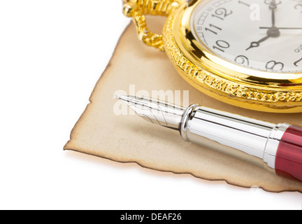 watch and pen at vintage parchment isolated on white background Stock Photo
