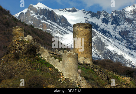 Towers of Saillon Castle Ruins in front of the snow-capped peaks of the Valais Alps, Saillon, Valais, Switzerland, Europe Stock Photo