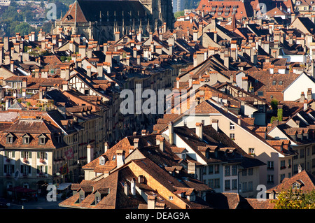 View from above over the red-tiled roofs of the houses in the historic town center of Bern, Switzerland, Europe Stock Photo