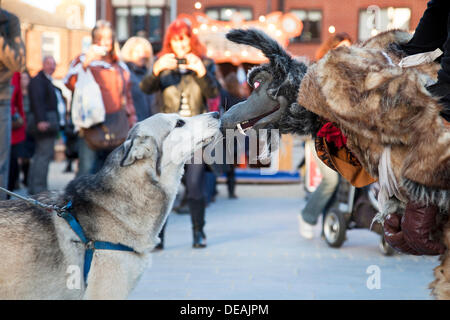 Great Yarmouth, UK. 14 September 2013. Out There Festival. Pickled Image's Big Bad Wolf befriending Stormy, a Greenland Husky on a walk with his owner during the festival. © Adrian Buck/Alamy Live News Stock Photo