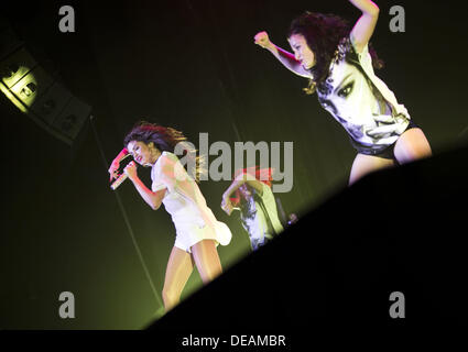 Frankfurt, Germany. 14th Sep, 2013. US actress and singer Selena Gomez (L) performs during her first and only Germany concert in Frankfurt, Germany, 14 September 2013. Photo: Frank Rumpenhorst/dpa/Alamy Live News Stock Photo