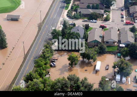 Aerial view of roads washed out and neighborhoods under water following severe flooding September 14, 2013 in Boulder, Colorado. Stock Photo