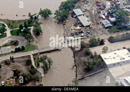 Aerial view of roads washed out and neighborhoods under water following severe flooding September 14, 2013 in Boulder, Colorado. Stock Photo