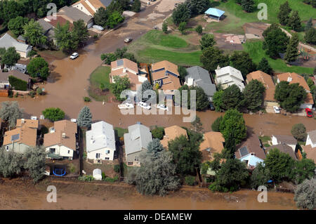 Aerial view of roads washed out and neighborhoods under water following severe flooding September 14, 2013 in Boulder, Colorado. Stock Photo