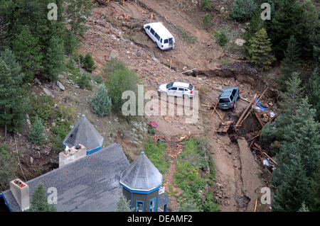 Aerial view of roads washed out and neighborhoods under water following severe flooding September 14, 2013 in Boulder, Colorado. Stock Photo