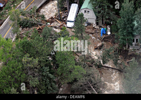 Aerial view of roads washed out and neighborhoods under water following severe flooding September 14, 2013 in Boulder, Colorado. Stock Photo