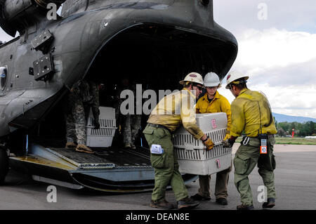 The US Army evacuates residents of Jamestown, Colorado following severe flooding that shut down major roads leading out of town September 14, 2013 in Boulder, CO. Stock Photo