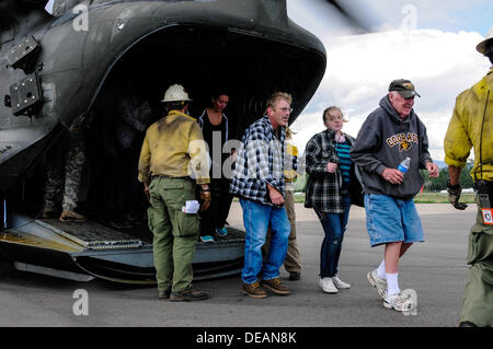 The US Army evacuates residents of Jamestown, Colorado following severe flooding that shut down major roads leading out of town September 14, 2013 in Boulder, CO. Stock Photo