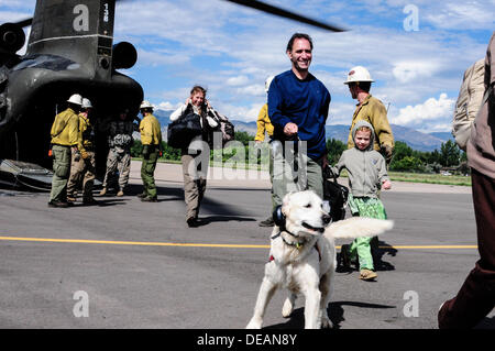 The US Army evacuates residents of Jamestown, Colorado following severe flooding that shut down major roads leading out of town September 14, 2013 in Boulder, CO. Stock Photo