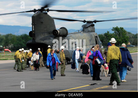 The US Army evacuates residents of Jamestown, Colorado following severe flooding that shut down major roads leading out of town September 14, 2013 in Boulder, CO. Stock Photo