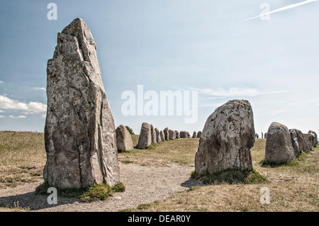 Sweden's most famous standing stones is arranged in the shape of a boat and believed to be the resting place of King Ale. Stock Photo