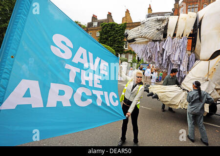 London, UK. 15th September 2013. Greenpeace Save the Arctic Demonstration with Aurora the Polar Bear in London Credit:  Paul Brown/Alamy Live News Stock Photo