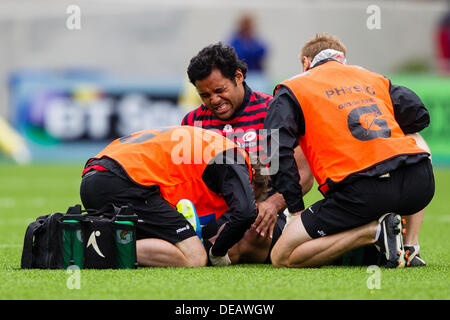 London, UK. 15th September 2013.  Billy Vunipola of Saracens received treatment for an injury. Action from Saracens vs Gloucester during the Aviva Premiership Round 2 match played at Allianz Park, London Credit:  Graham Wilson/Alamy Live News Stock Photo