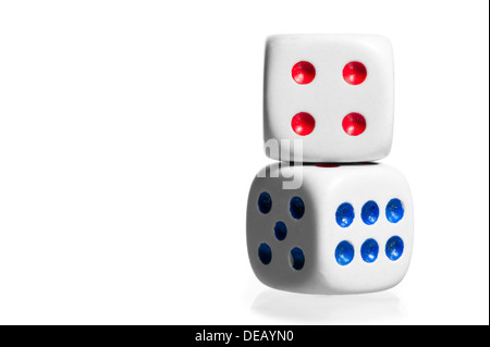 two white dice stand by each other on a white background Stock Photo