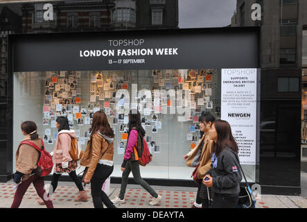 The Strand, London, UK. 15th September 2013. TopShop window on the Strand with a promotion of new British talent for London Fashion Week. Credit:  Matthew Chattle/Alamy Live News Stock Photo
