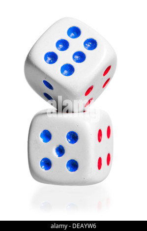 two white dice stand by each other on a white background Stock Photo