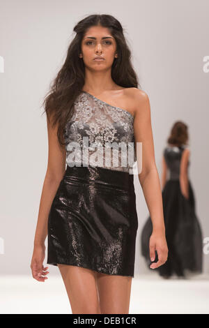 London, UK. 15 September 2013.  A model walks the runway at the House of Evolution fashion show during London Fashion Week at Fashion Scout/Freemason's Hall. Collection by Hema Kaul. Photo: CatwalkFashion/Alamy Live News Stock Photo