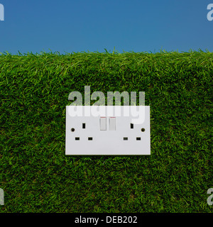 Electrical Plug Socket On Grass Background. A Clean Energy Symbol. Stock Photo