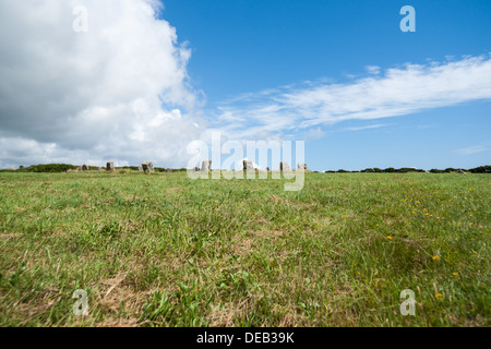 The standing stonne of St Buryan, Cornwall, England known as the Merry Maidens of Dawns Men. Stock Photo