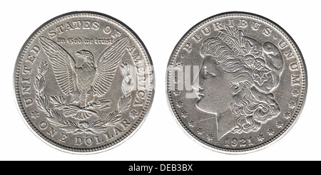 Silver Morgan dollar front and back side isolated on white Stock Photo