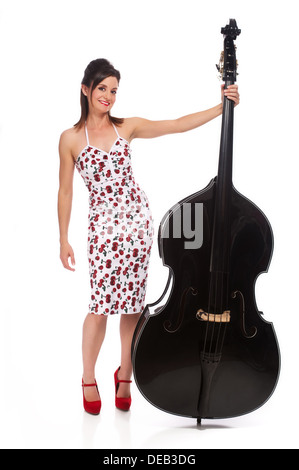 Beautiful Rockabilly Girl with Double Bass Stock Photo