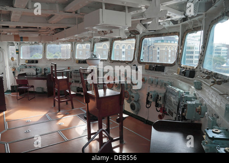 The Bridge on HMS Belfast, a Royal Navy light cruiser, moored on the River Thames, London, UK. Stock Photo