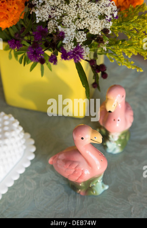 Still Life of Pink Flamingo Salt and Pepper Shakers, USA Stock Photo