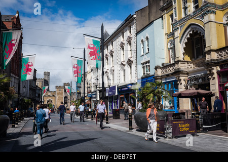 Pedestrianised St Mary's Street, looking towards the Castle, Cardiff city centre, August 2013, Wales UK Stock Photo