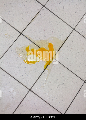 Broken egg on the tile kitchen floor. Accident in the kitchen. Stock Photo