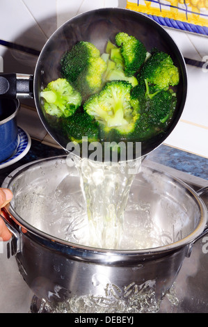 Emptying broccoli from a saucepan into a colander. Stock Photo