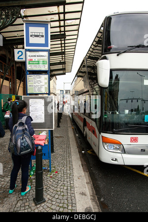 coach, bus, Czech Railways, Deutsche Bahn, Setra, timetable, Expressbus, Prague, Nurnberg, Main Station Stock Photo