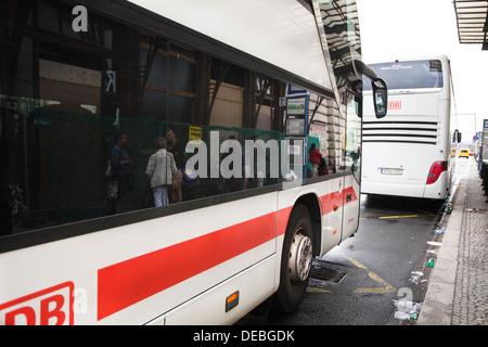 coach, bus, Czech Railways, Deutsche Bahn, Setra, timetable, Expressbus, Prague, Nurnberg, Main Station Stock Photo