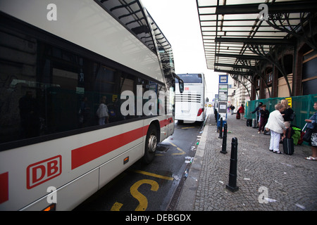 coach, bus, Czech Railways, Deutsche Bahn, Setra, timetable, Expressbus, Prague, Nurnberg, Main Station Stock Photo