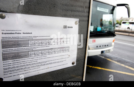 coach, bus, Czech Railways, Deutsche Bahn, Setra, timetable, Expressbus, Prague, Nurnberg, Main Station Stock Photo