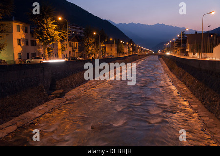 Tirano, Italy, dada River at dusk Stock Photo