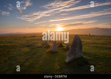 Sunset at Merrivale double stone rows, Dartmoor National Park Devon Uk Stock Photo