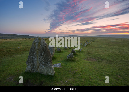 Sunset at Merrivale double stone rows, Dartmoor National Park Devon Uk Stock Photo